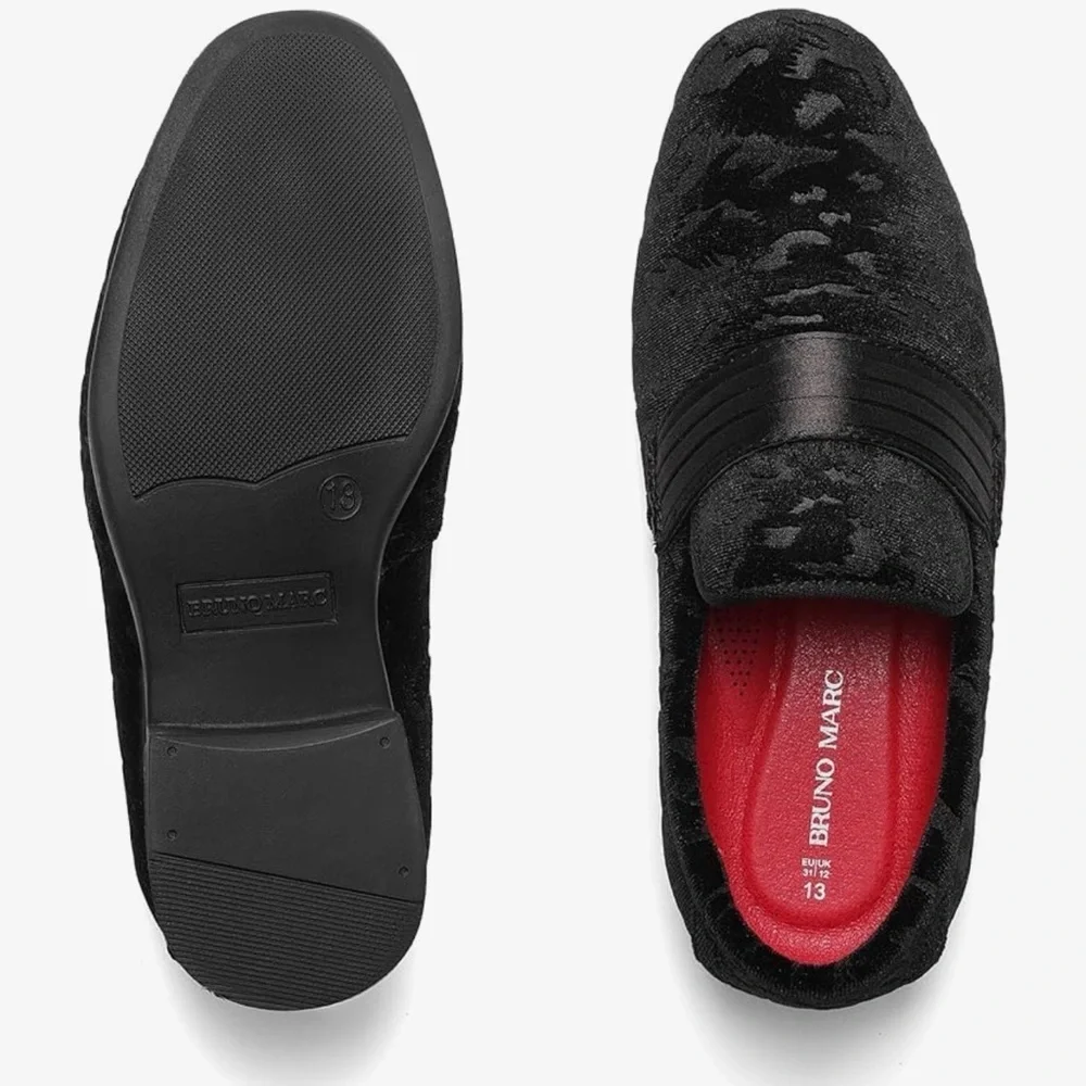Bruno Mark PU Velvet Boys Black Dress Shoes Loafers with Red Lining size 13